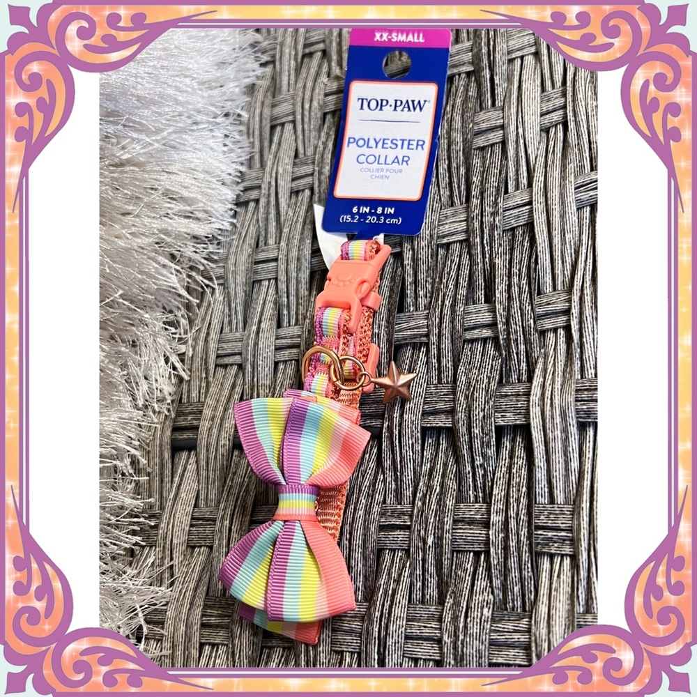 XXS Petsmart Coral Rainbow Bow Tie Dog Collar Pastel Peach Star Charm Kitten Cat